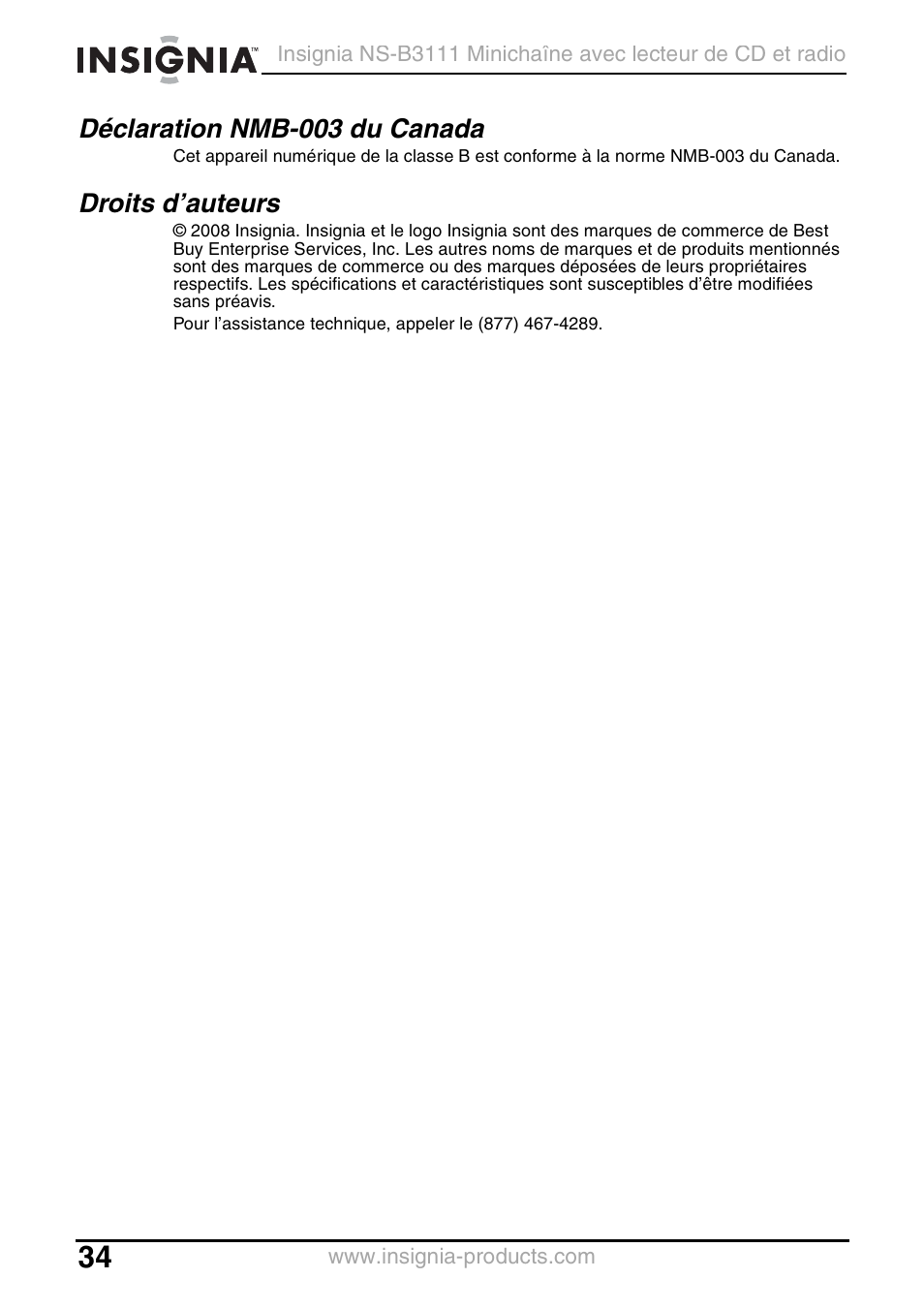 Déclaration nmb-003 du canada, Droits d’auteurs | Insignia NS-B3111 User Manual | Page 34 / 56