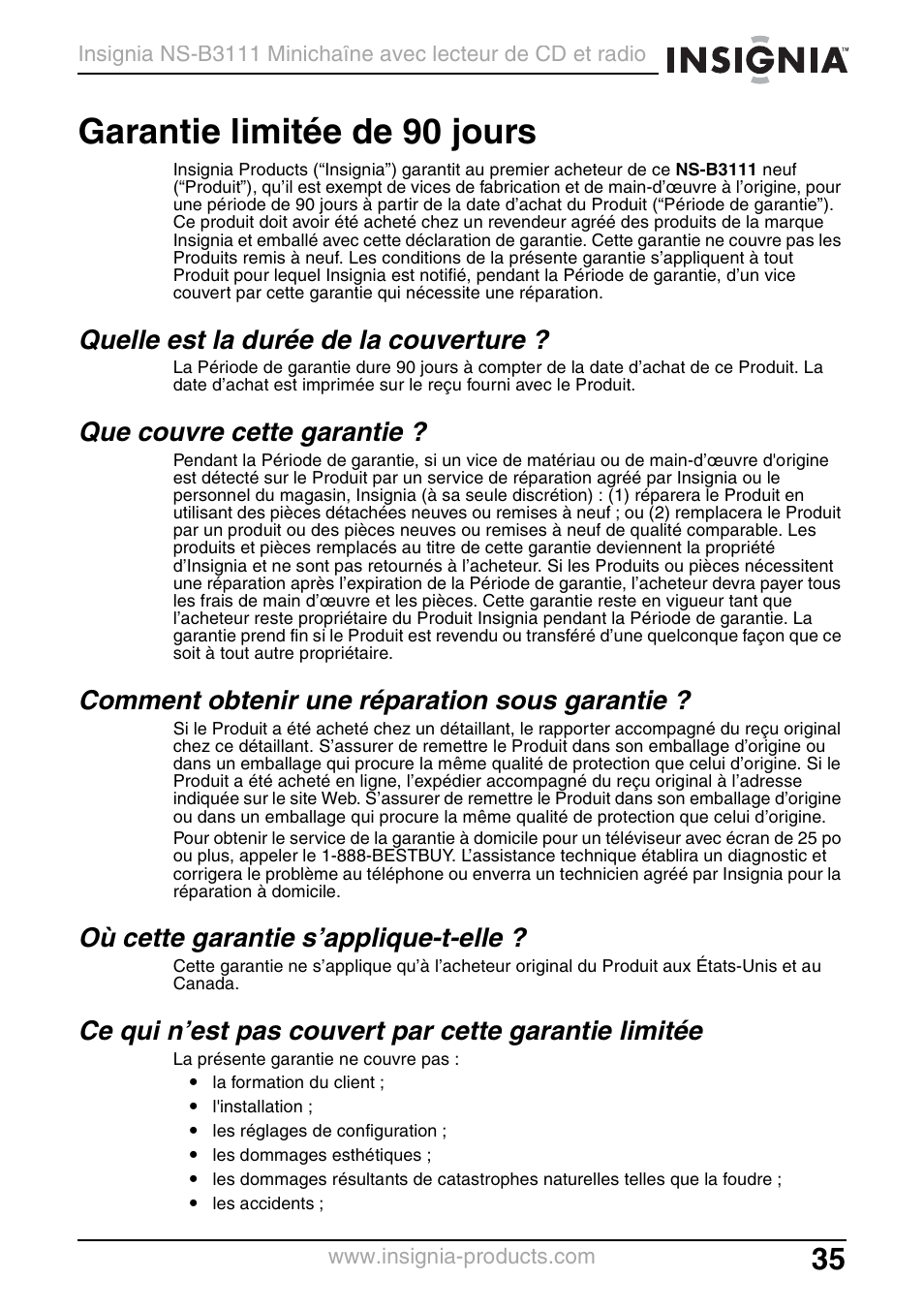 Quelle est la durée de la couverture, Que couvre cette garantie, Comment obtenir une réparation sous garantie | Où cette garantie s’applique-t-elle, Garantie limitée de 90 jours | Insignia NS-B3111 User Manual | Page 35 / 56