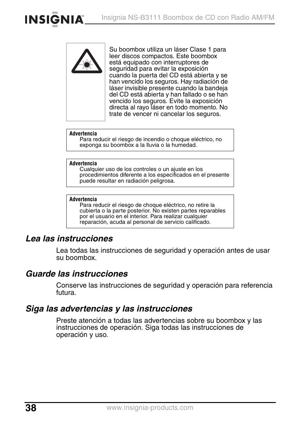 Lea las instrucciones, Guarde las instrucciones, Siga las advertencias y las instrucciones | Insignia NS-B3111 User Manual | Page 38 / 56