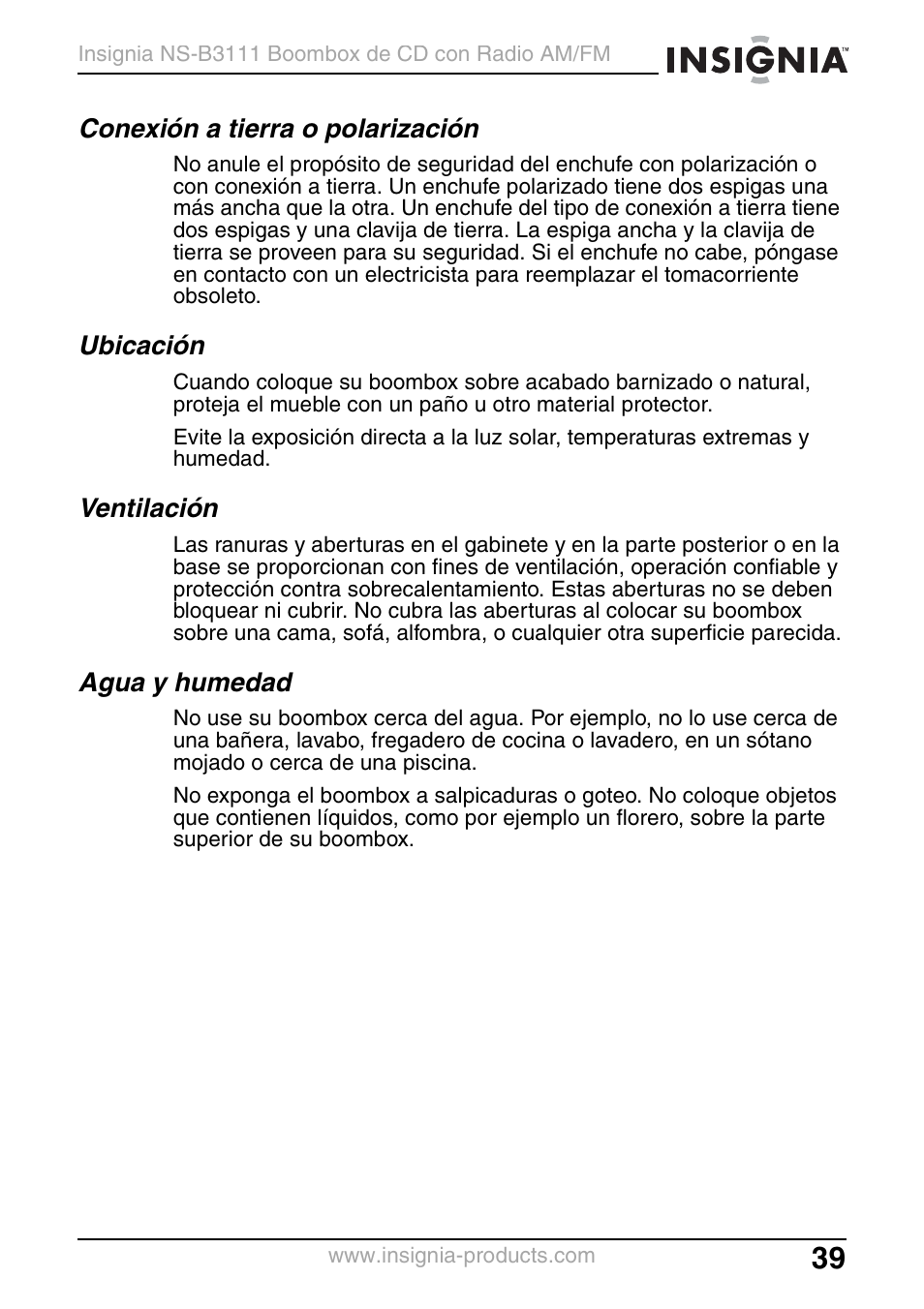 Conexión a tierra o polarización, Ubicación, Ventilación | Agua y humedad | Insignia NS-B3111 User Manual | Page 39 / 56