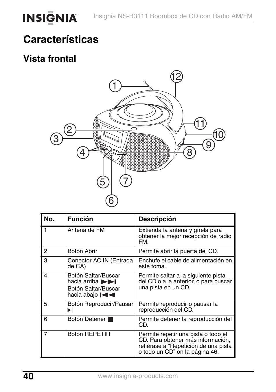 Características, Vista frontal | Insignia NS-B3111 User Manual | Page 40 / 56