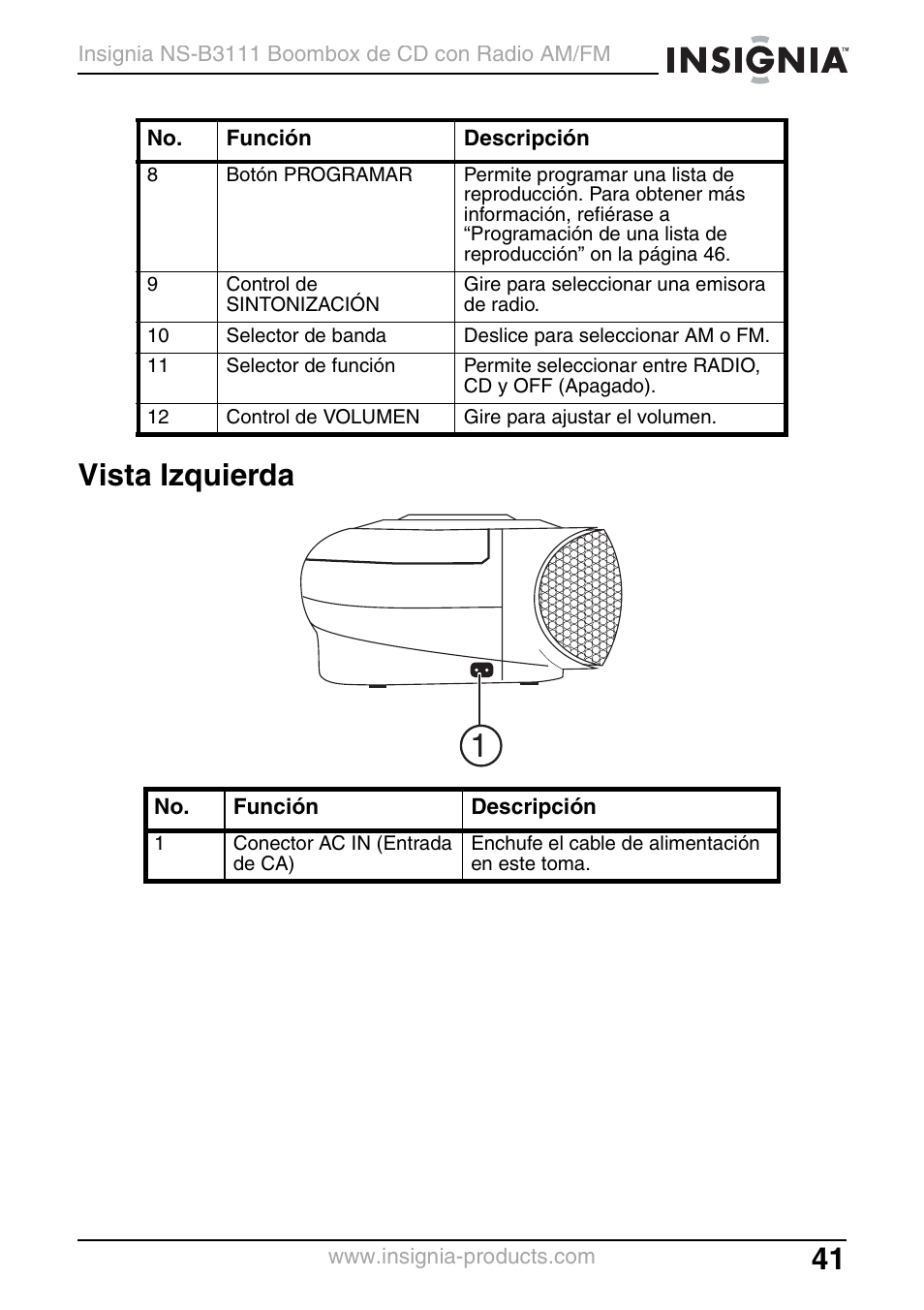 Vista izquierda | Insignia NS-B3111 User Manual | Page 41 / 56