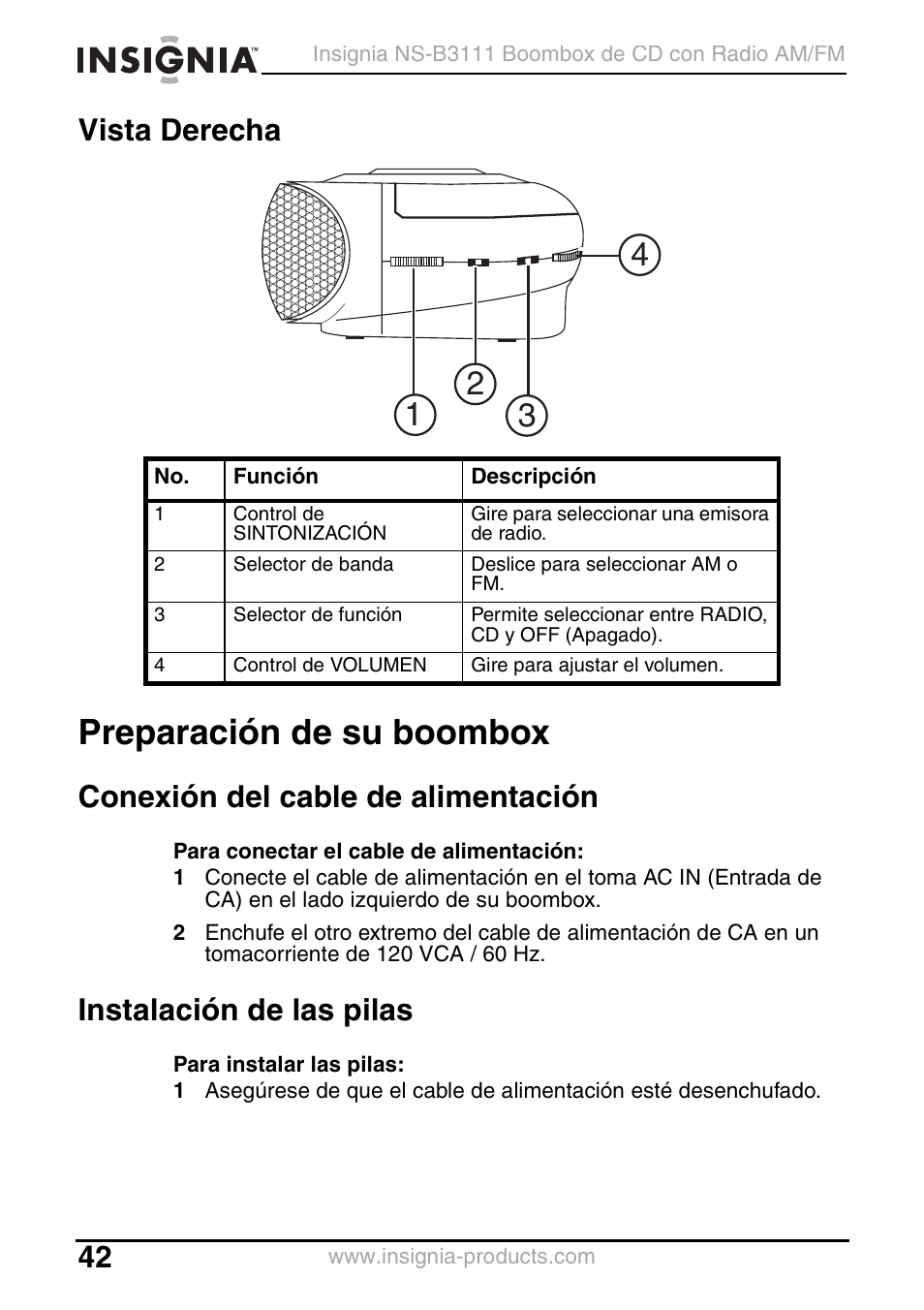 Vista derecha, Preparación de su boombox, Conexión del cable de alimentación | Instalación de las pilas | Insignia NS-B3111 User Manual | Page 42 / 56