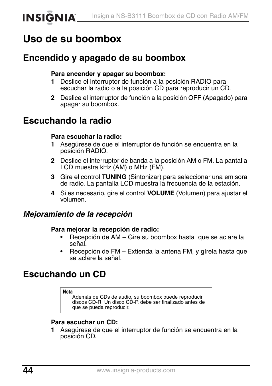 Uso de su boombox, Encendido y apagado de su boombox, Escuchando la radio | Mejoramiento de la recepción, Escuchando un cd | Insignia NS-B3111 User Manual | Page 44 / 56