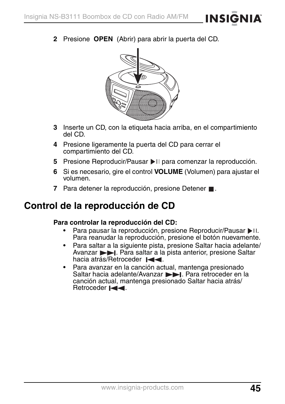 Control de la reproducción de cd | Insignia NS-B3111 User Manual | Page 45 / 56