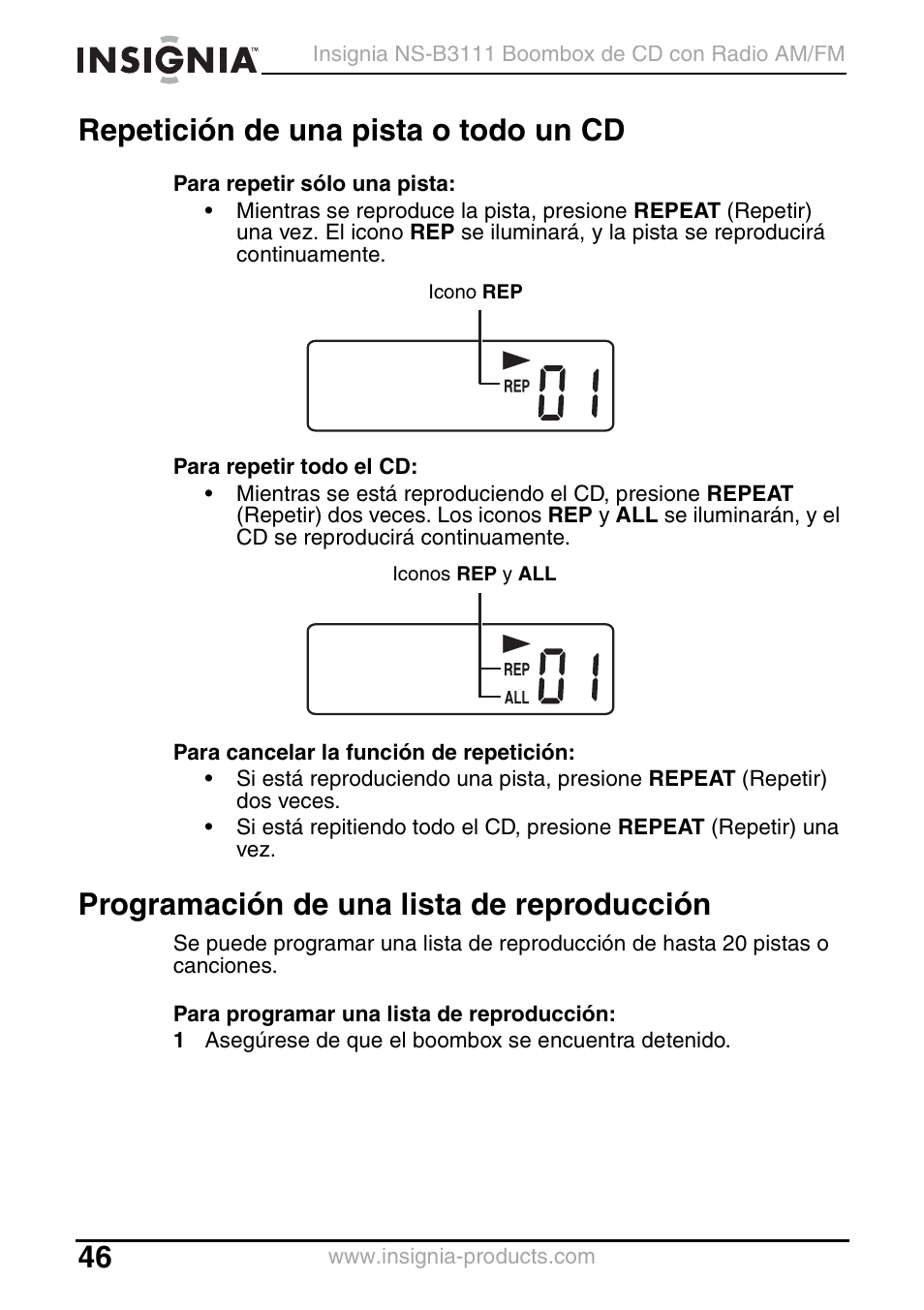 Repetición de una pista o todo un cd, Programación de una lista de reproducción | Insignia NS-B3111 User Manual | Page 46 / 56