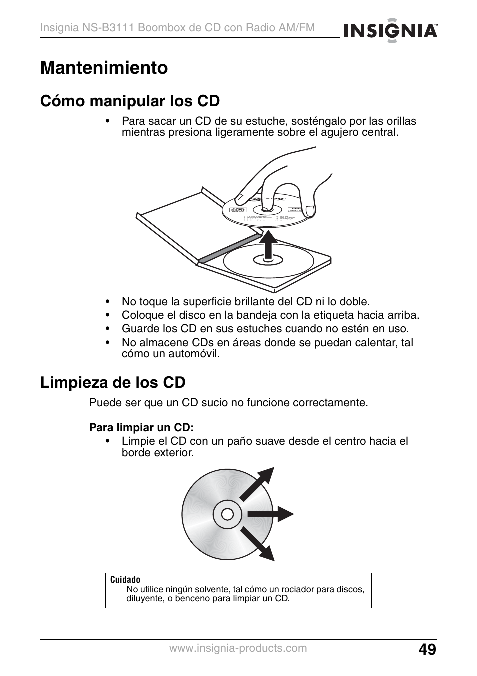 Mantenimiento, Cómo manipular los cd, Limpieza de los cd | Insignia NS-B3111 User Manual | Page 49 / 56