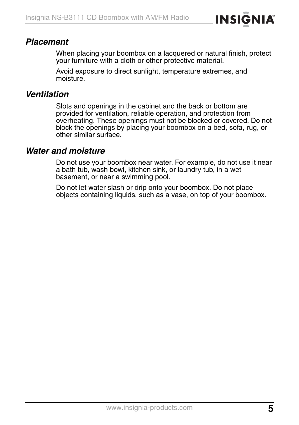 Placement, Ventilation, Water and moisture | Insignia NS-B3111 User Manual | Page 5 / 56