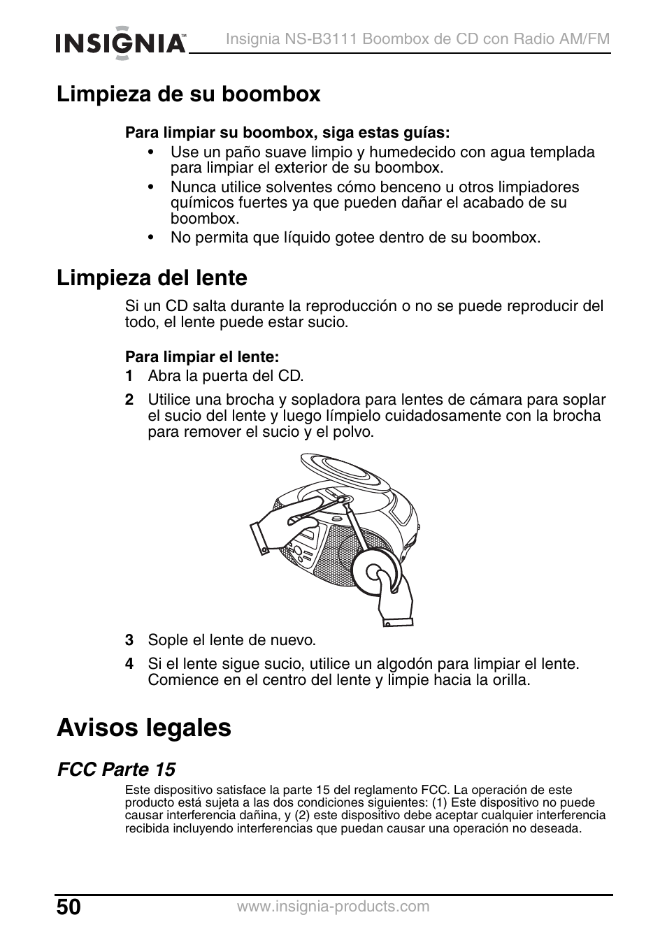 Limpieza de su boombox, Limpieza del lente, Avisos legales | Fcc parte 15 | Insignia NS-B3111 User Manual | Page 50 / 56