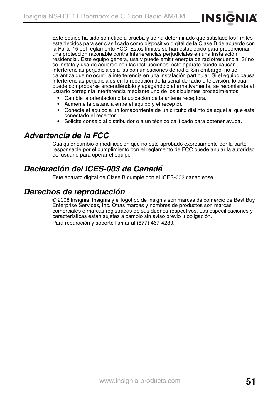 Advertencia de la fcc, Declaración del ices-003 de canadá, Derechos de reproducción | Insignia NS-B3111 User Manual | Page 51 / 56