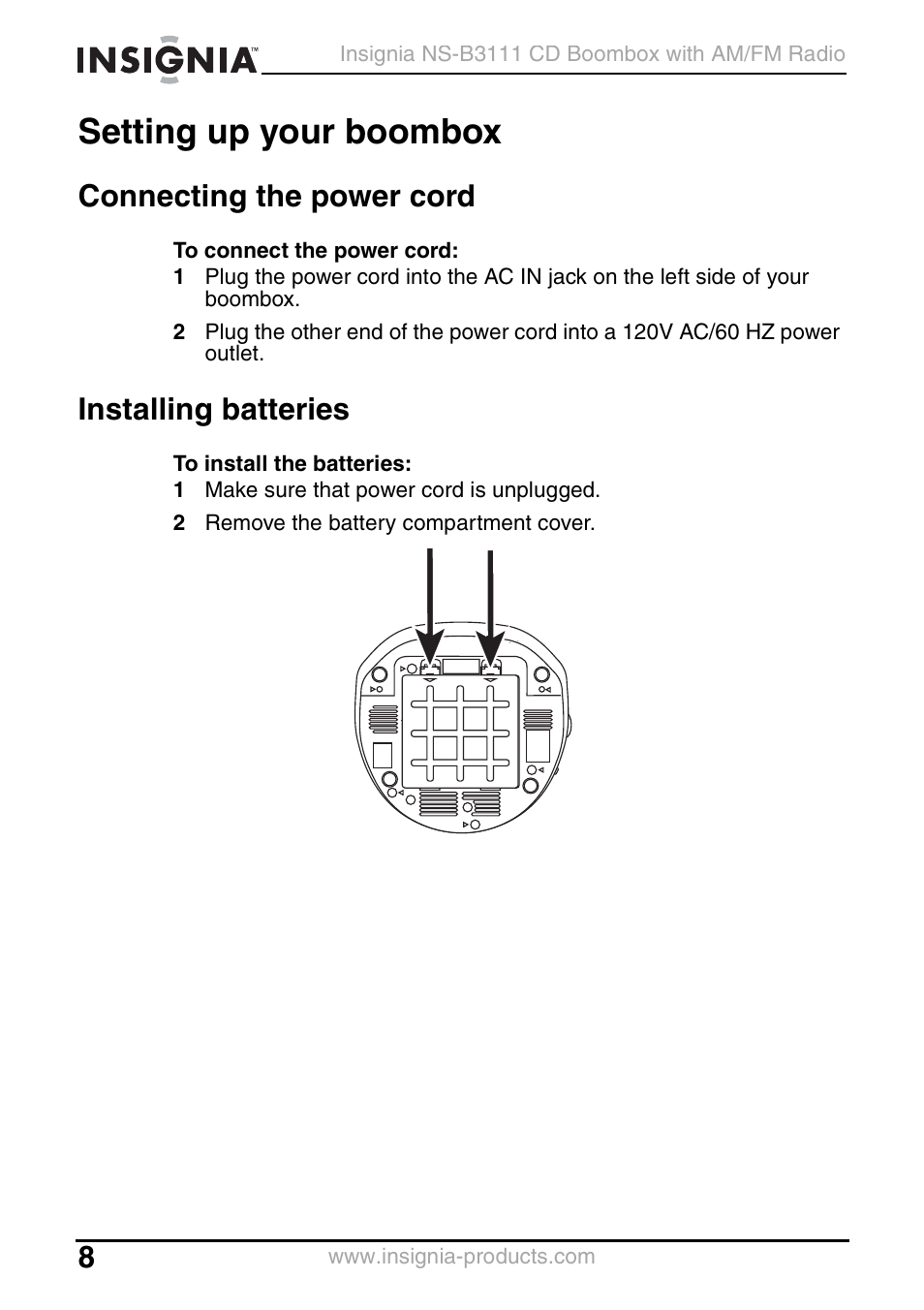 Setting up your boombox, Connecting the power cord, Installing batteries | Insignia NS-B3111 User Manual | Page 8 / 56