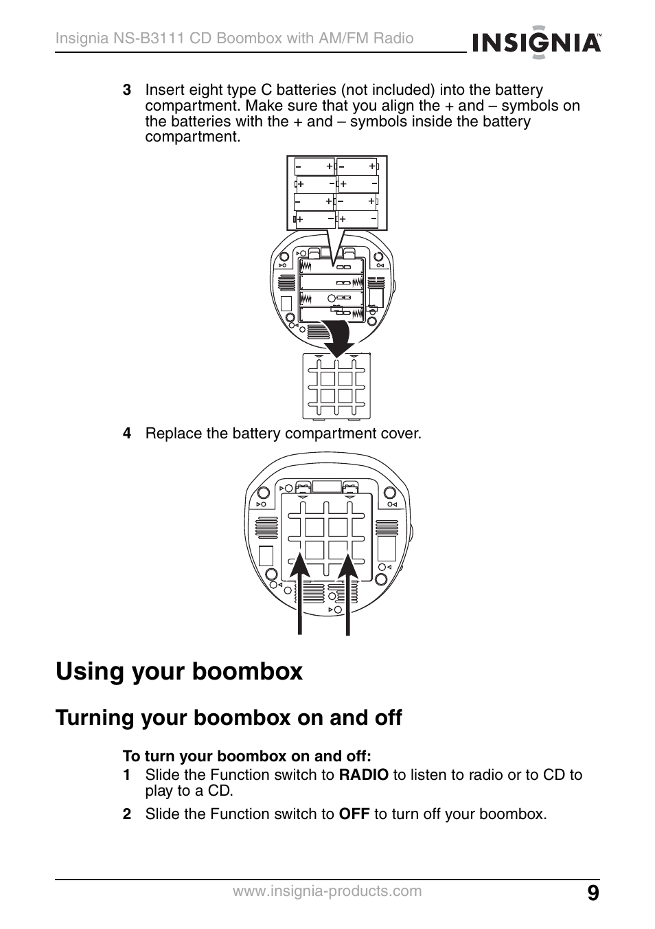 Using your boombox, Turning your boombox on and off | Insignia NS-B3111 User Manual | Page 9 / 56