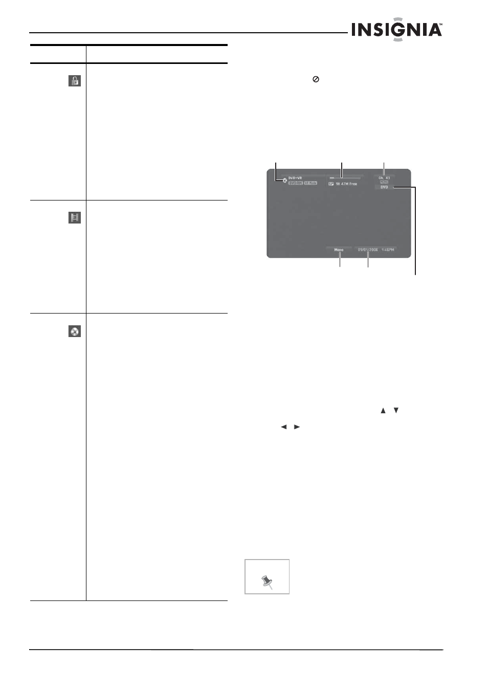 Lock settings, Recording settings, Disc settings | The on-screen display, Displaying information while watching tv, Displaying disc information on screen, To display disc information on screen | Insignia NS-DVDR1 User Manual | Page 17 / 118