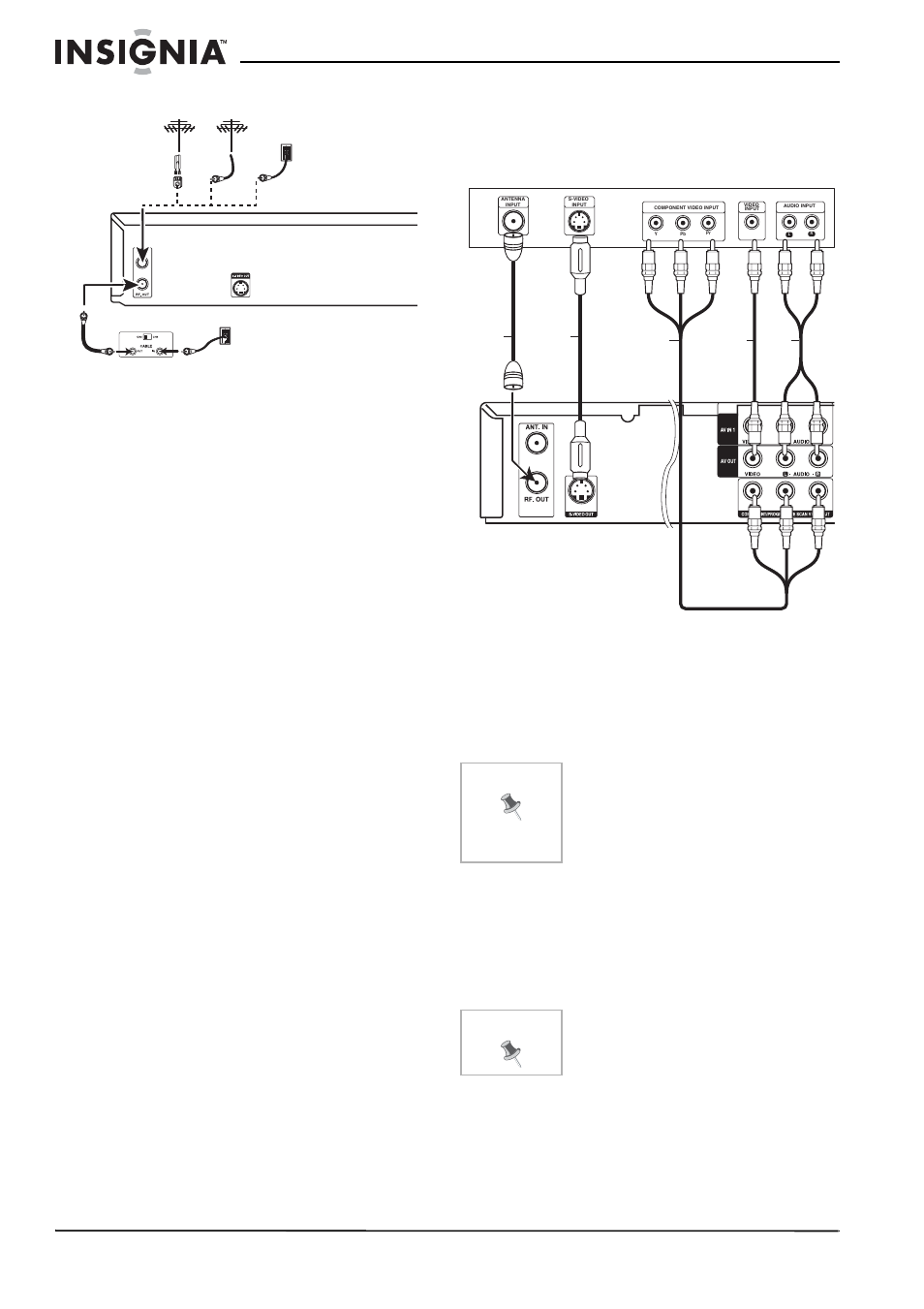 Connexion du graveur de dvd à une antenne, Connexion du graveur de dvd à la tv câblée, Connexion du graveur de dvd à un téléviseur | Connexion coaxiale rf, Connexion vidéo | Insignia NS-DVDR1 User Manual | Page 46 / 118