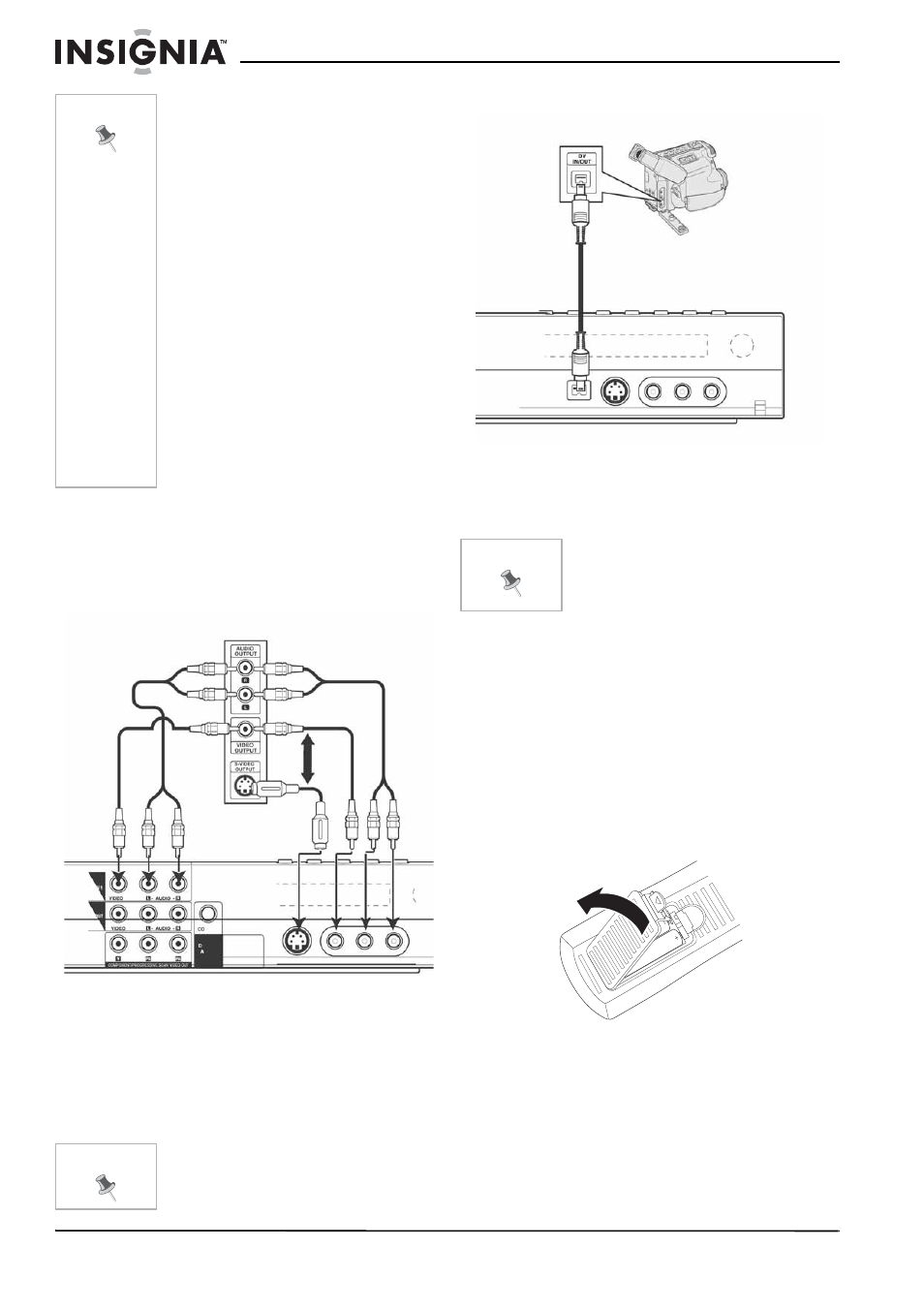 Connexions audio-vidéo (a/v) d’accessoires, Connexion d’un caméscope numérique, Piles de la télécommande | Remplacement des piles | Insignia NS-DVDR1 User Manual | Page 48 / 118