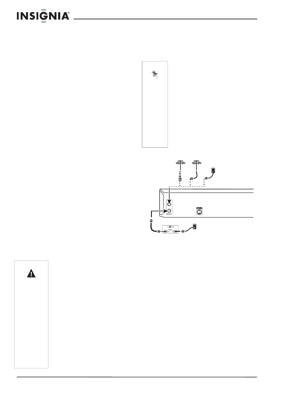Instalación de su grabadora, Desempaque y configuración, Fuente de alimentación | Conexión a una antena o a tv por cable, Para conectar la grabadora a una antena | Insignia NS-DVDR1 User Manual | Page 86 / 118