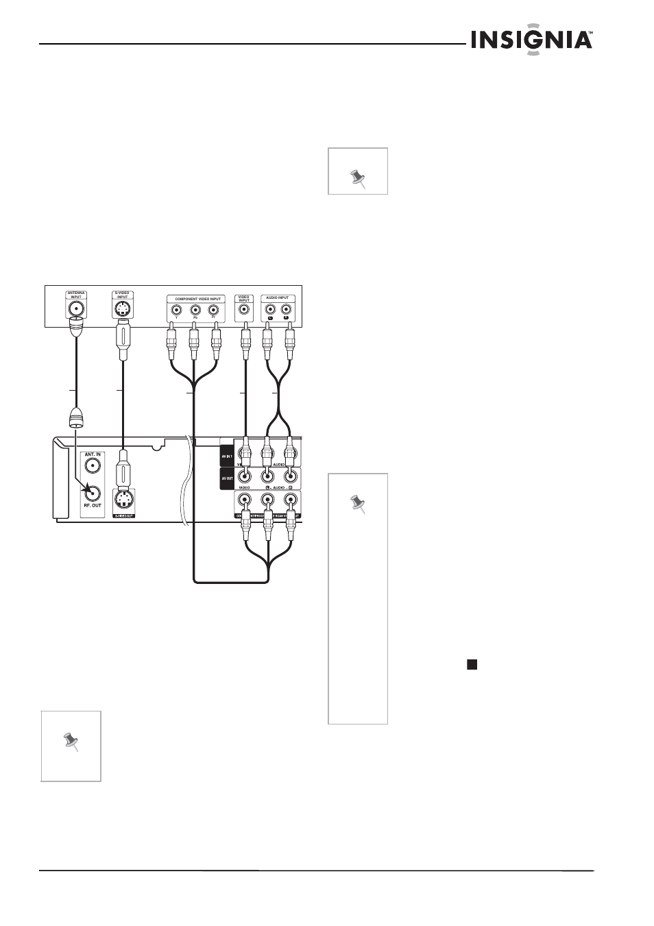Para conectar la grabadora a tv por cable, Conexión de la grabadora a un tv, Conexión coaxial de rf | Para conectar a su tv con un cable coaxial de rf, Conexión de video, Para conectar a su tv con un cable de video, Conexión s-video, Para conectar a su tv con un cable de s-video, Conexión de audio, Para conectar a su tv con una fuente de audio | Insignia NS-DVDR1 User Manual | Page 87 / 118