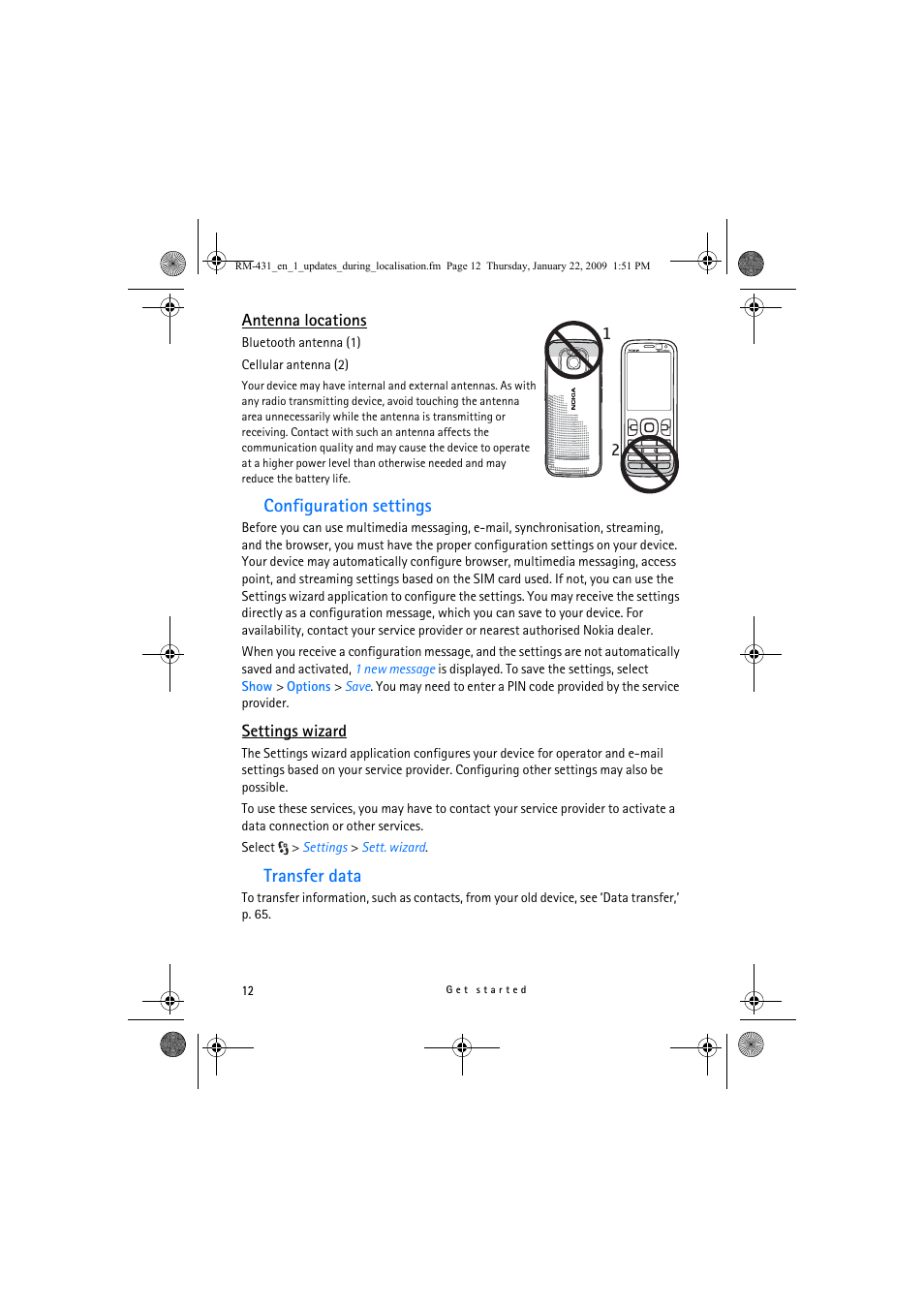 Antenna locations, Configuration settings, Settings wizard | Transfer data, Settings. see ‘settings wizard,’ p. 12 | Nokia 5630 XpressMusic User Manual | Page 12 / 77