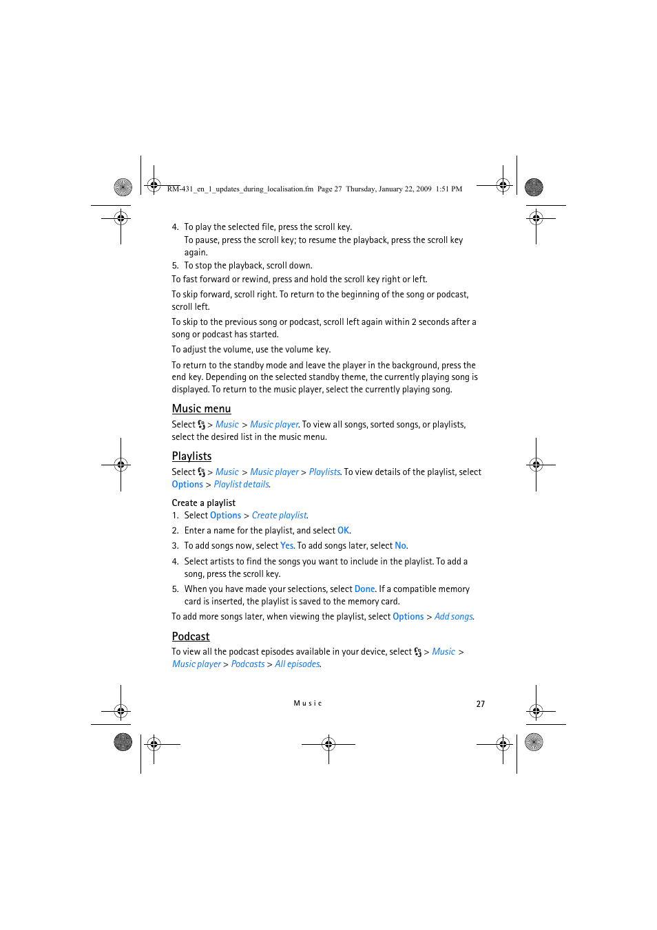 Music menu, Playlists, Podcast | Nokia 5630 XpressMusic User Manual | Page 27 / 77