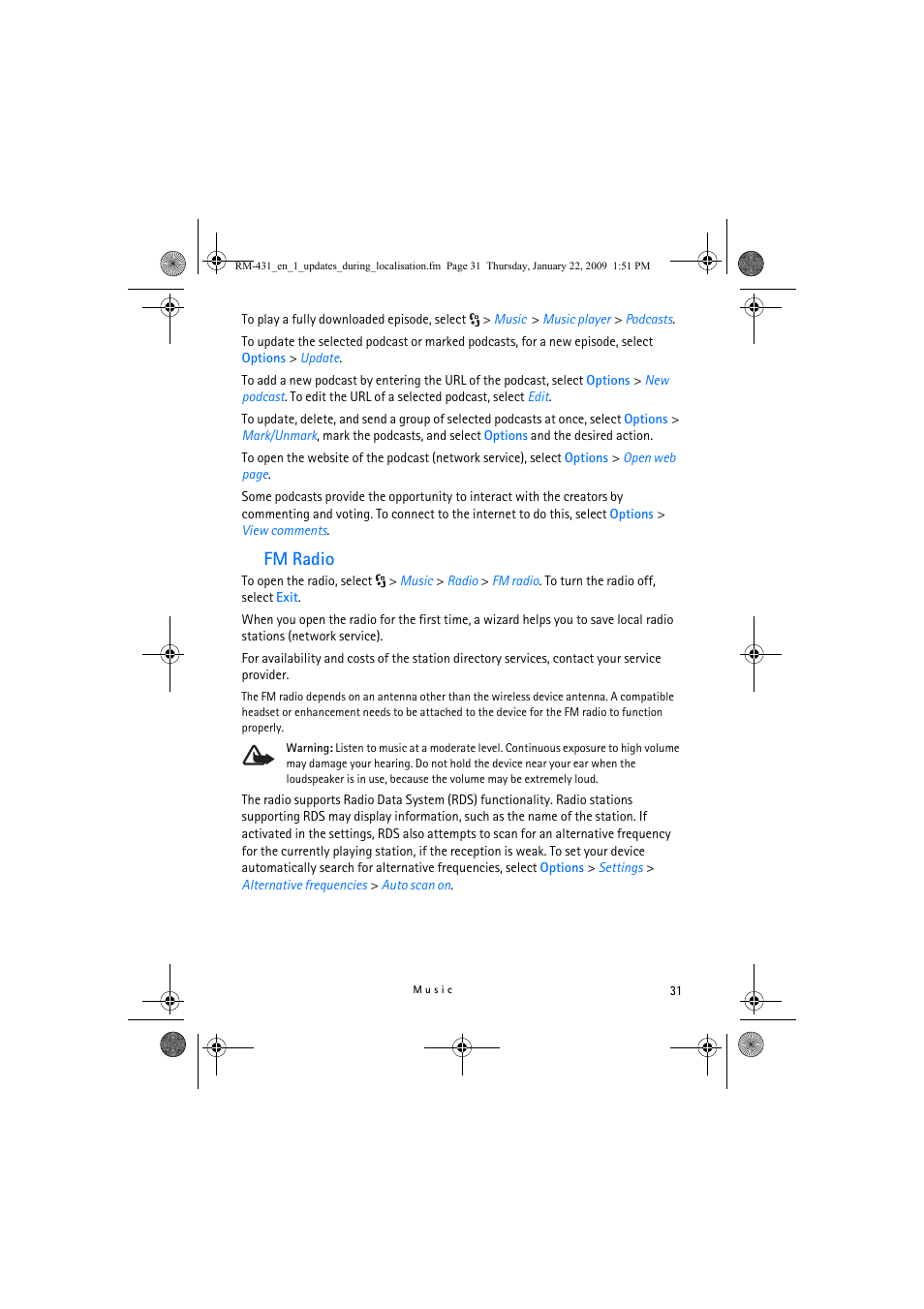 Fm radio | Nokia 5630 XpressMusic User Manual | Page 31 / 77