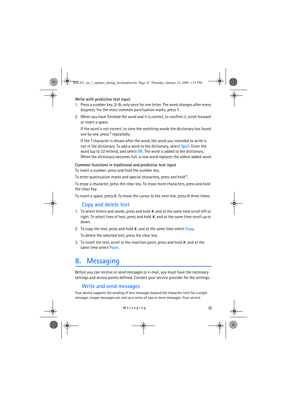 Copy and delete text, Messaging, Write and send messages | Nokia 5630 XpressMusic User Manual | Page 35 / 77