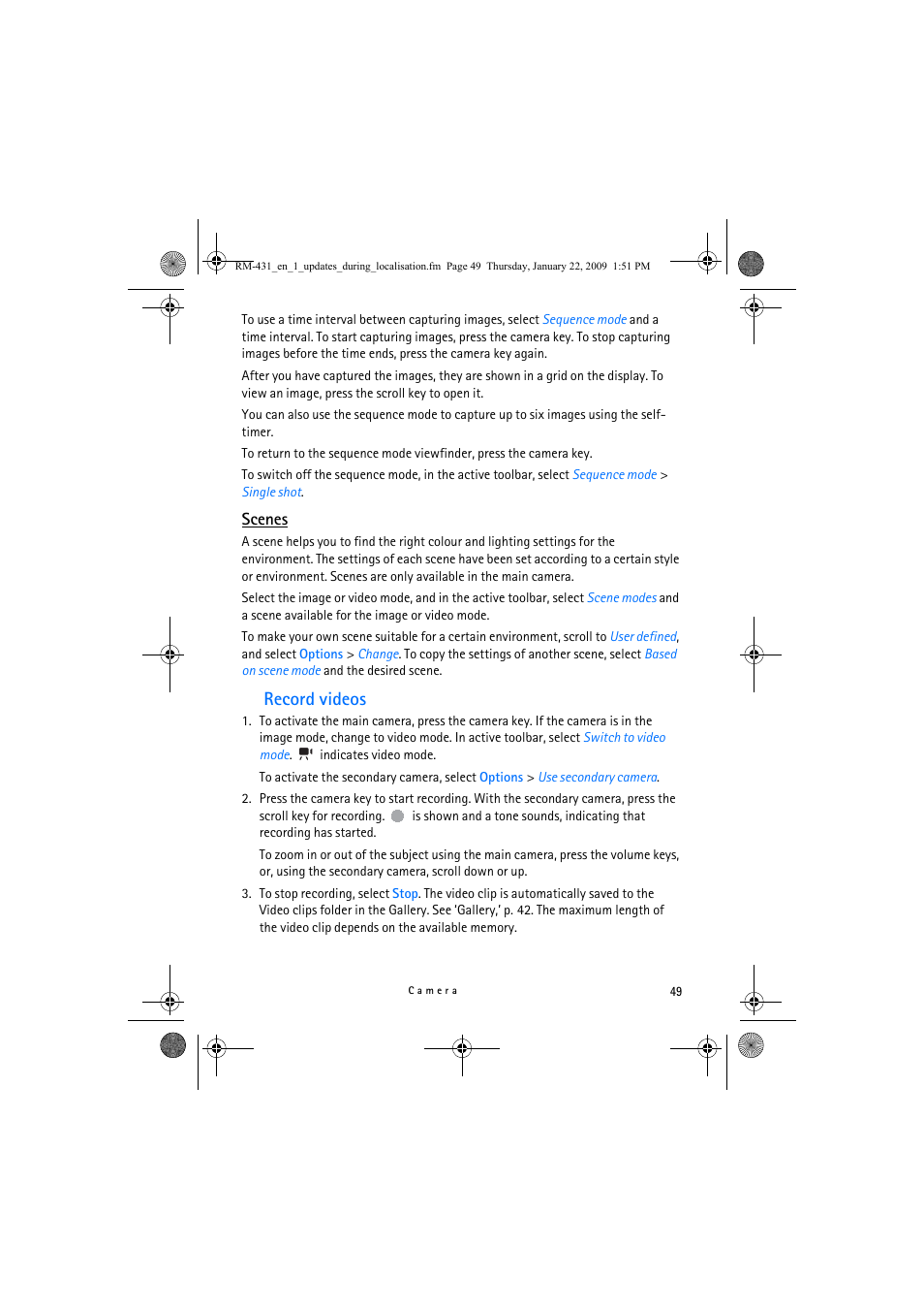 Scenes, Record videos, E ‘scenes,’ p. 49. yo | Nokia 5630 XpressMusic User Manual | Page 49 / 77