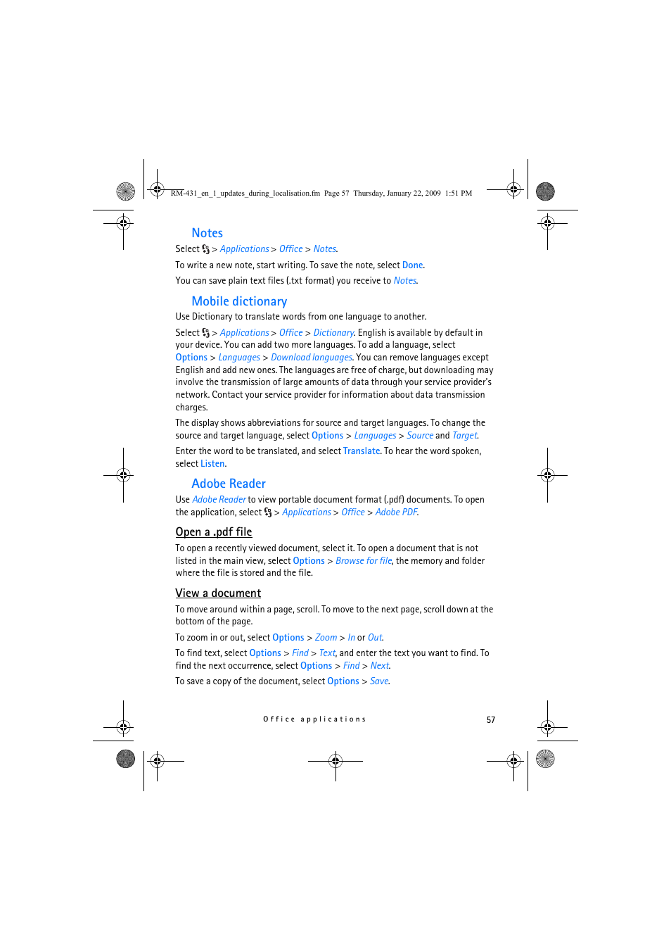 Notes, Mobile dictionary, Adobe reader | Open a .pdf file, View a document, Notes mobile dictionary adobe reader | Nokia 5630 XpressMusic User Manual | Page 57 / 77