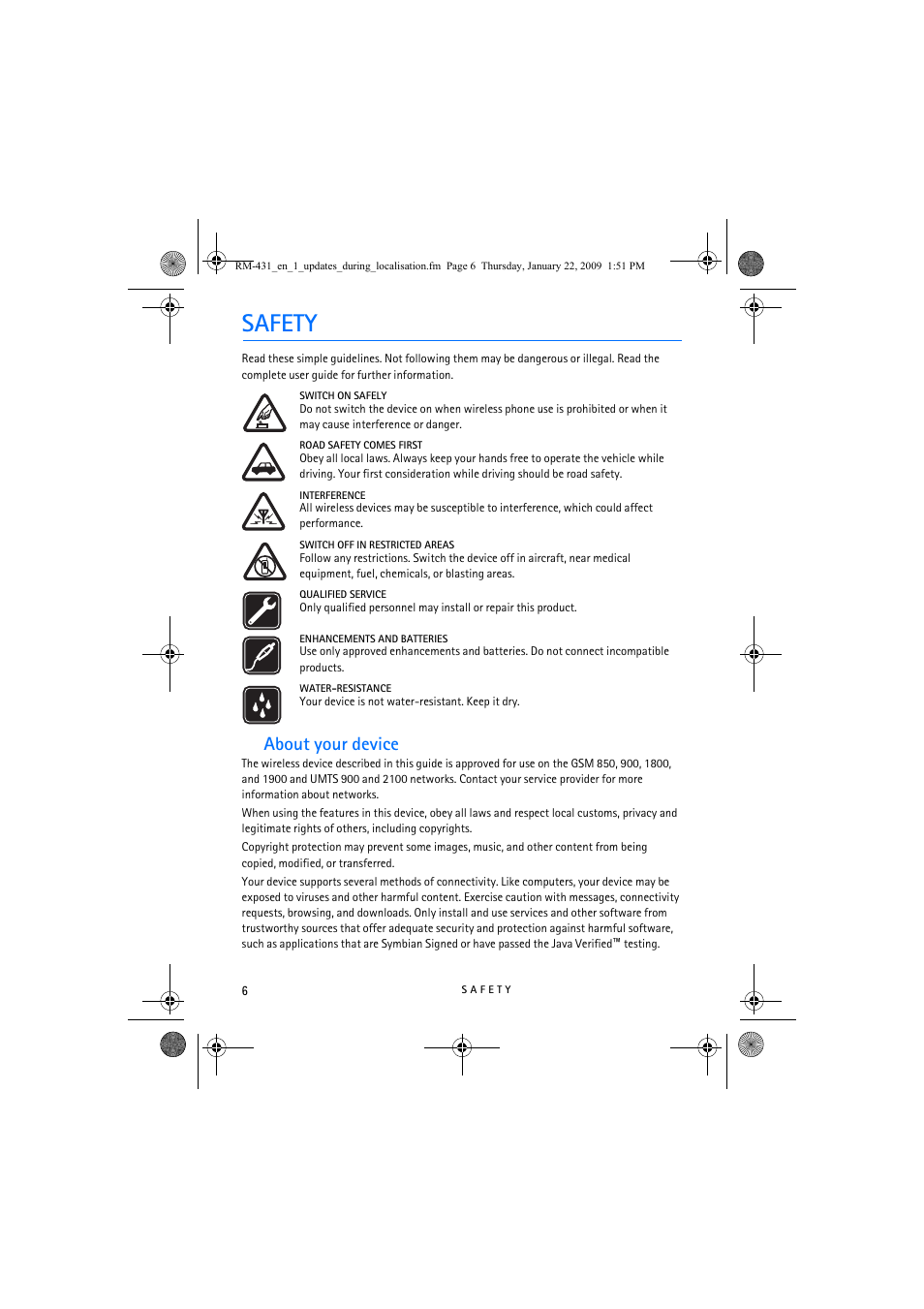 Safety, About your device | Nokia 5630 XpressMusic User Manual | Page 6 / 77