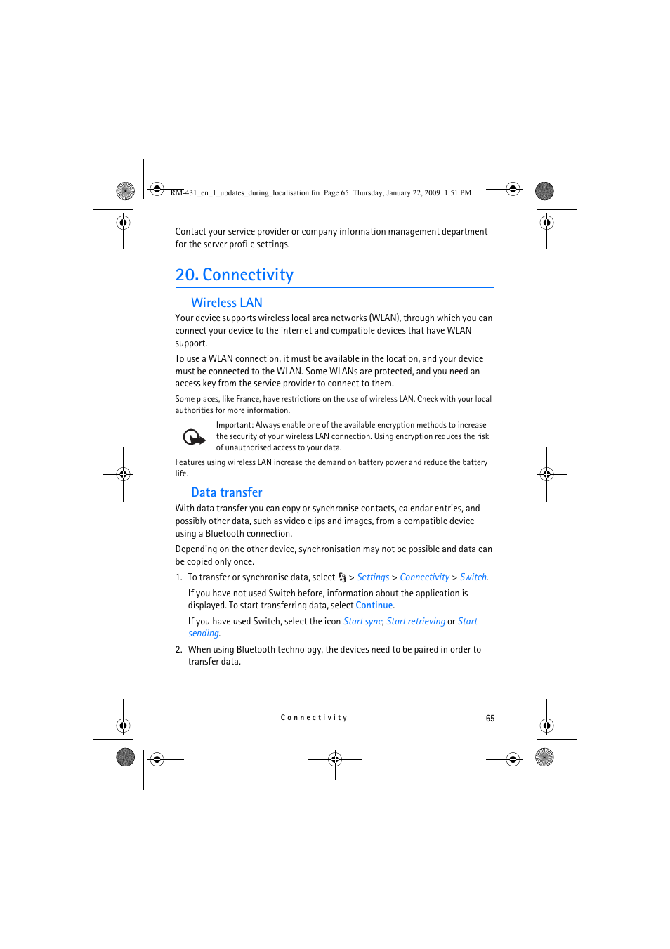 Connectivity, Wireless lan, Data transfer | Wireless lan data transfer | Nokia 5630 XpressMusic User Manual | Page 65 / 77