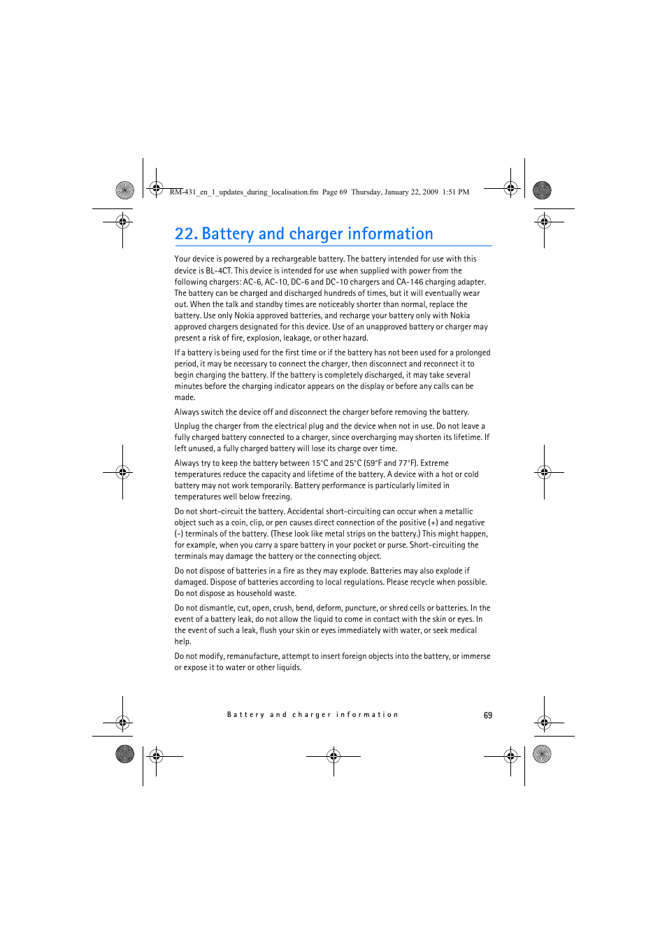 Battery and charger information | Nokia 5630 XpressMusic User Manual | Page 69 / 77