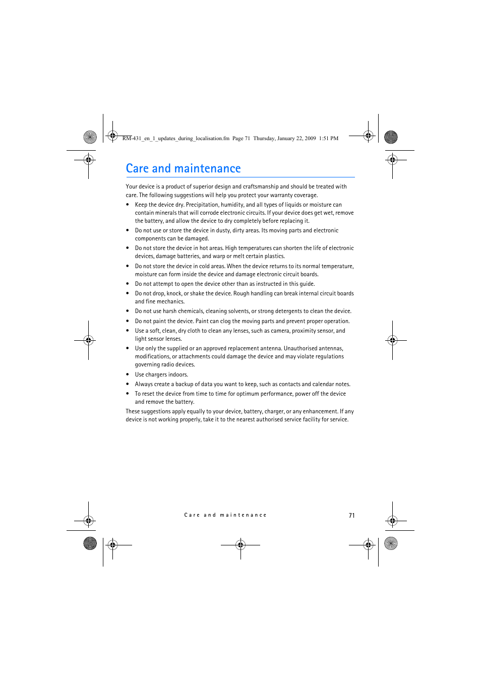 Care and maintenance | Nokia 5630 XpressMusic User Manual | Page 71 / 77