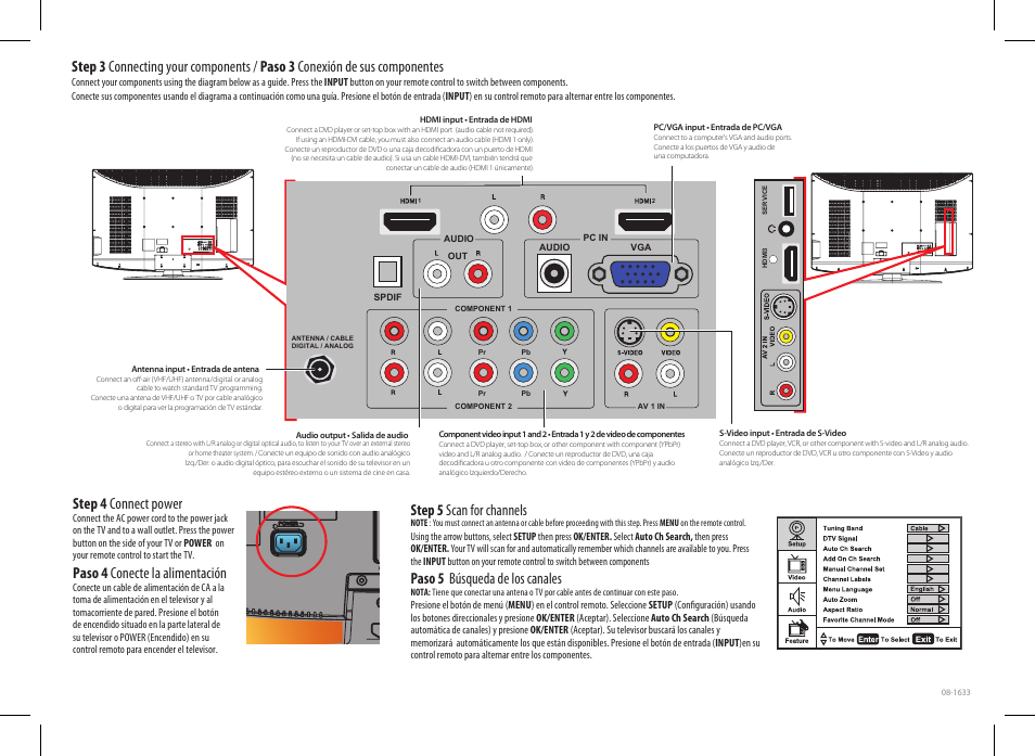 Step 4 connect power, Paso 4 conecte la alimentación, Step 5 scan for channels | Paso 5 búsqueda de los canales | Insignia NS-LCD52HD-09 User Manual | Page 2 / 2
