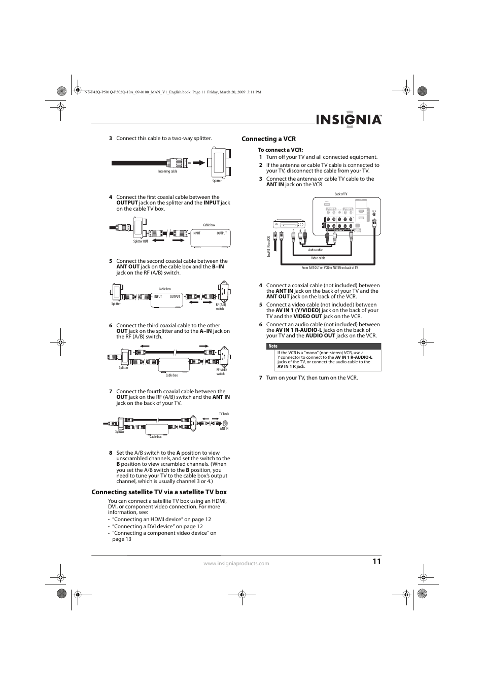 Connecting satellite tv via a satellite tv box, Connecting a vcr | Insignia NS-P42Q10A User Manual | Page 15 / 52