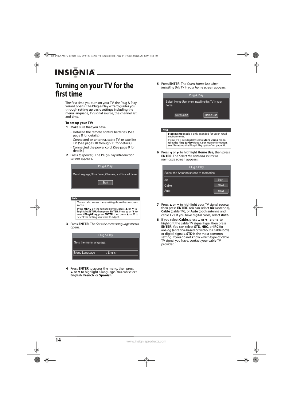 Turning on your tv for the first time | Insignia NS-P42Q10A User Manual | Page 18 / 52
