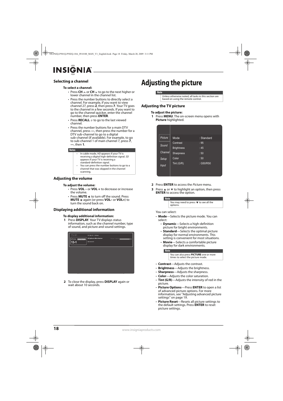 Adjusting the picture | Insignia NS-P42Q10A User Manual | Page 22 / 52