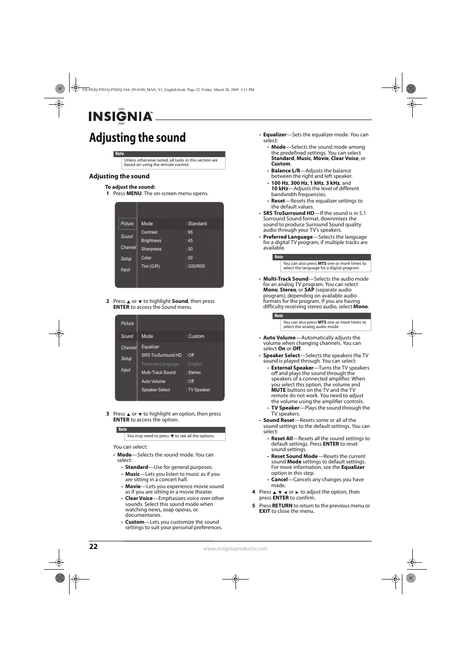 Adjusting the sound | Insignia NS-P42Q10A User Manual | Page 26 / 52
