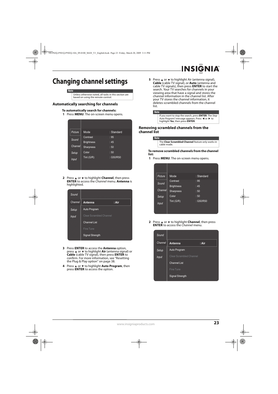 Changing channel settings | Insignia NS-P42Q10A User Manual | Page 27 / 52