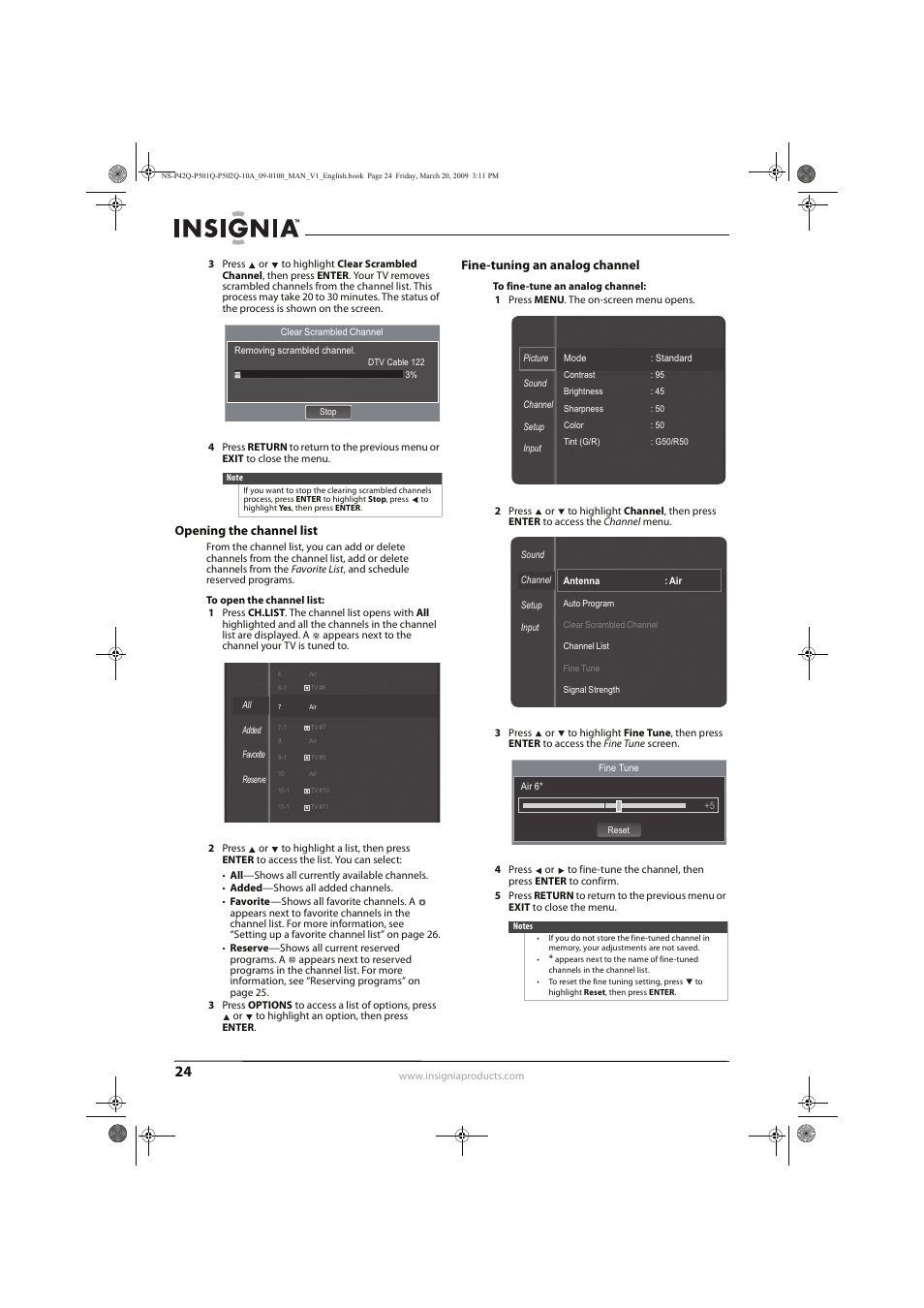 Opening the channel list, Fine-tuning an analog channel | Insignia NS-P42Q10A User Manual | Page 28 / 52