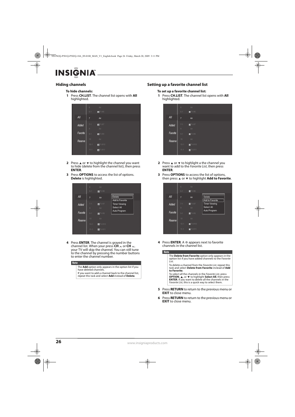 Hiding channels, Setting up a favorite channel list | Insignia NS-P42Q10A User Manual | Page 30 / 52
