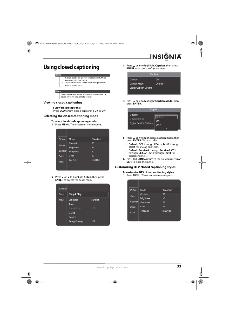 Using closed captioning | Insignia NS-P42Q10A User Manual | Page 37 / 52
