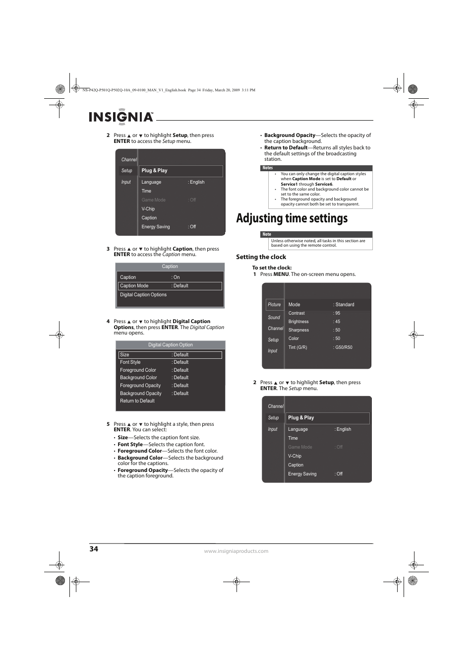 Adjusting time settings | Insignia NS-P42Q10A User Manual | Page 38 / 52