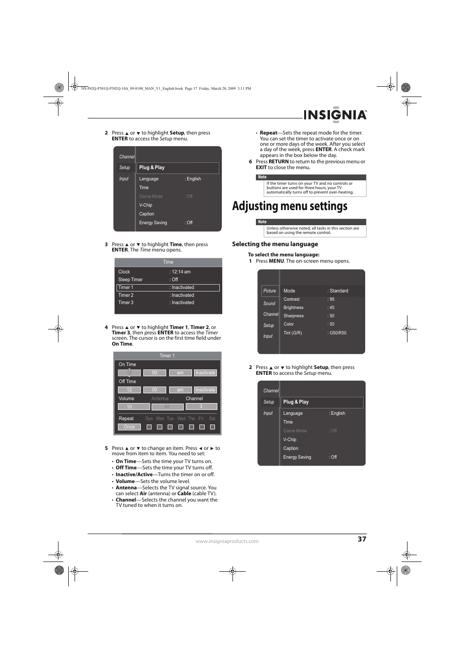 Adjusting menu settings | Insignia NS-P42Q10A User Manual | Page 41 / 52