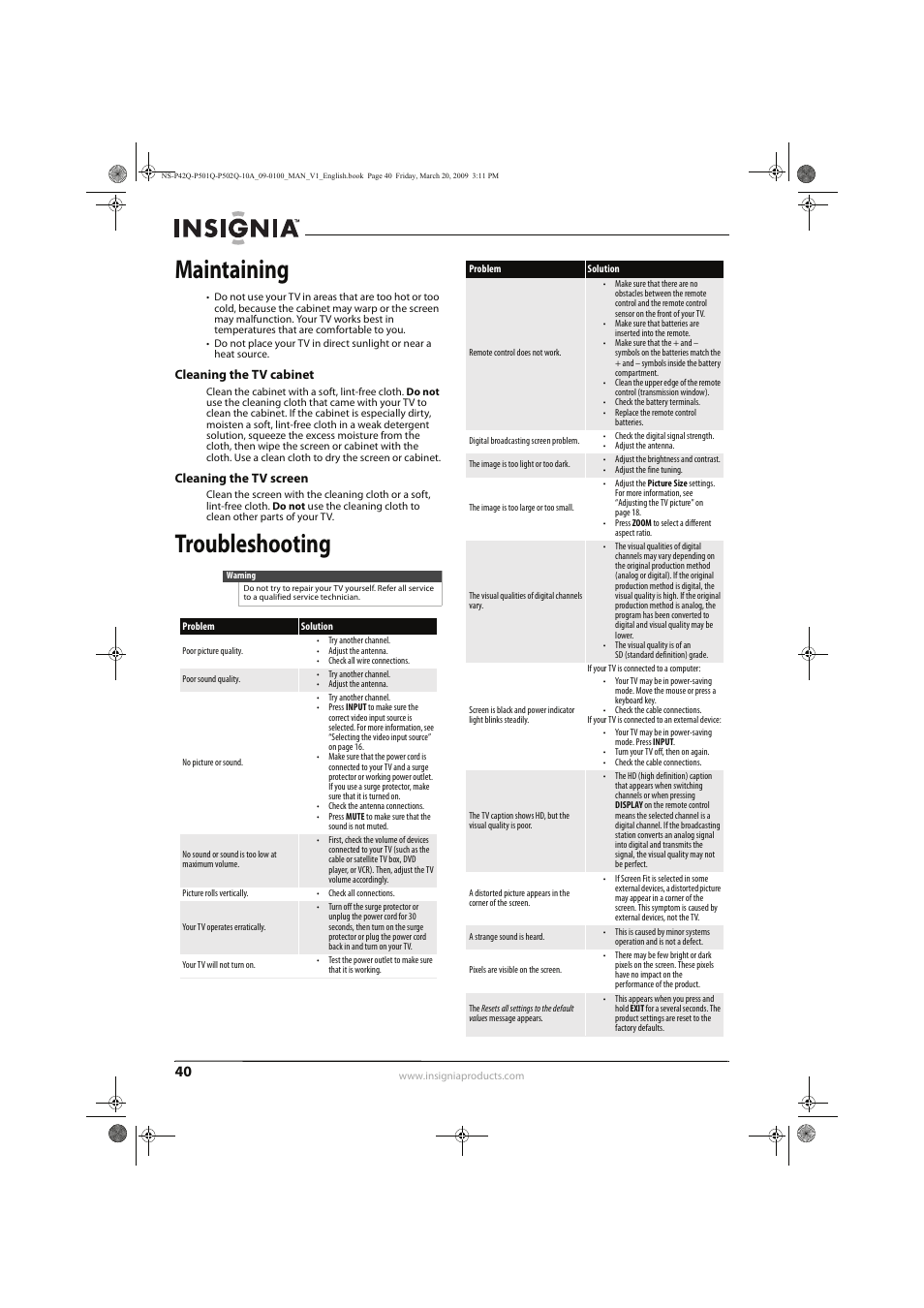 Maintaining, Troubleshooting | Insignia NS-P42Q10A User Manual | Page 44 / 52