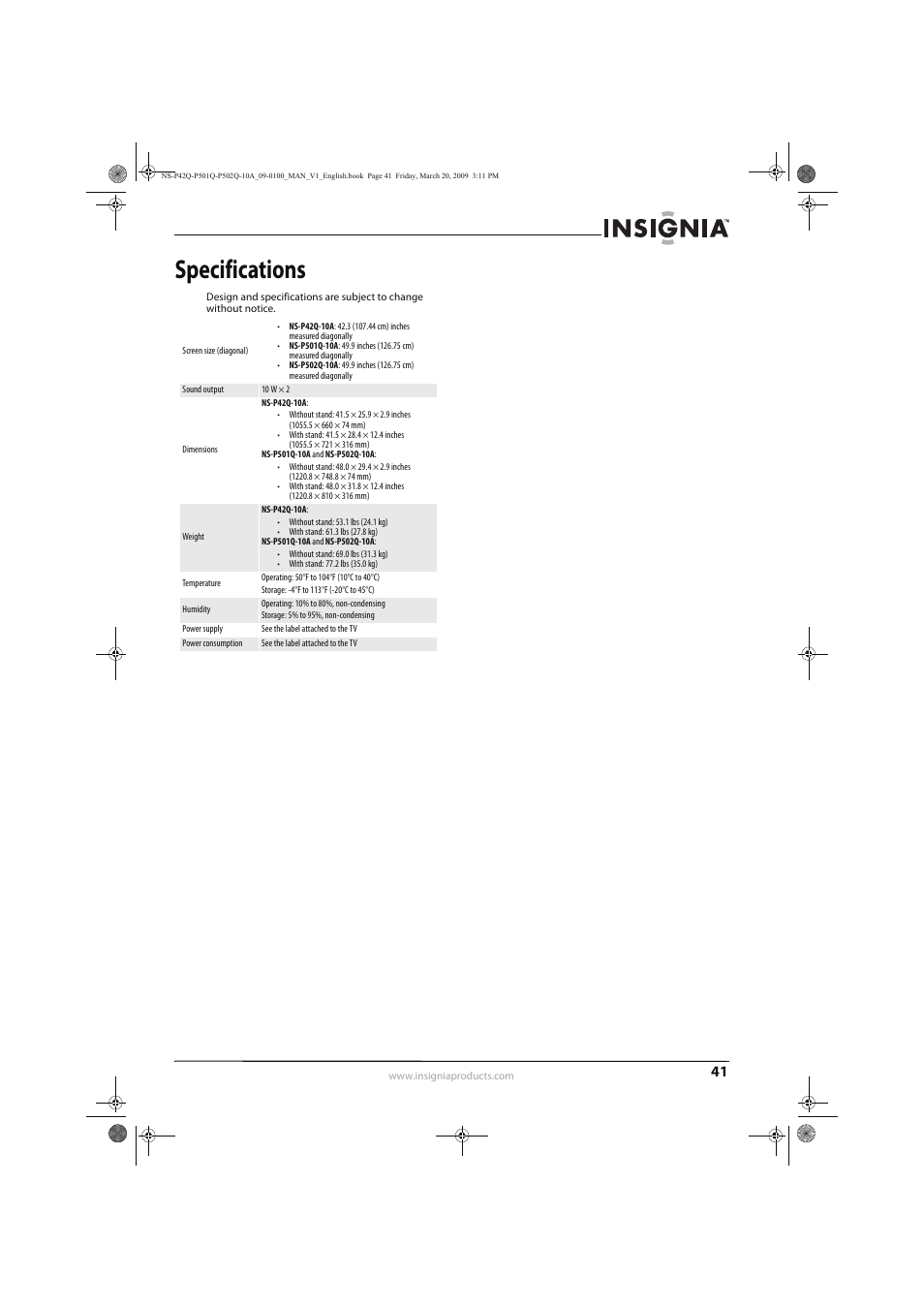 Specifications | Insignia NS-P42Q10A User Manual | Page 45 / 52