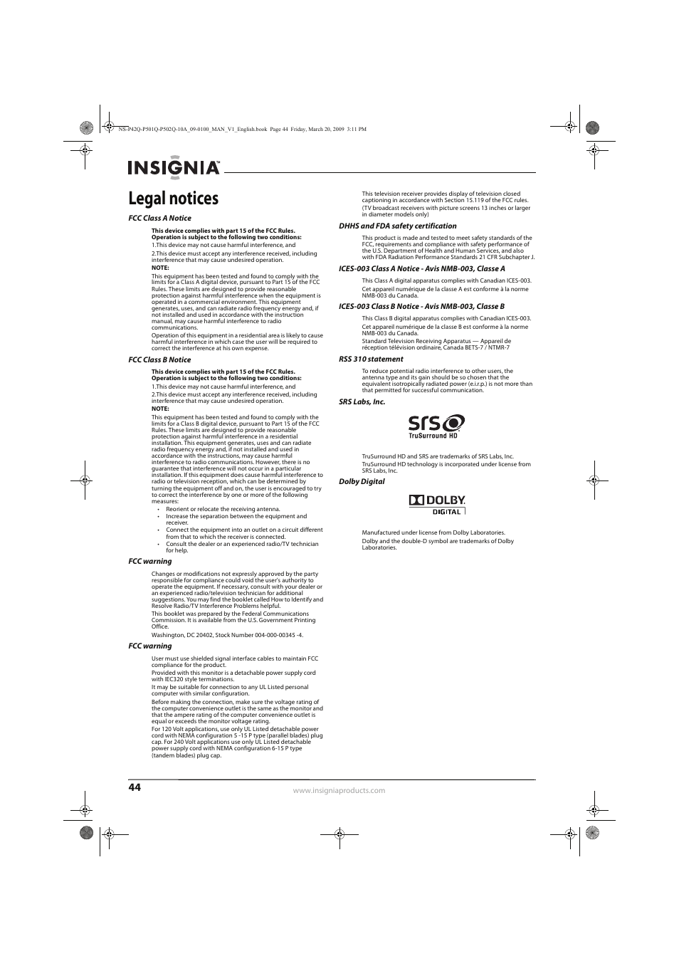 Legal notices | Insignia NS-P42Q10A User Manual | Page 48 / 52