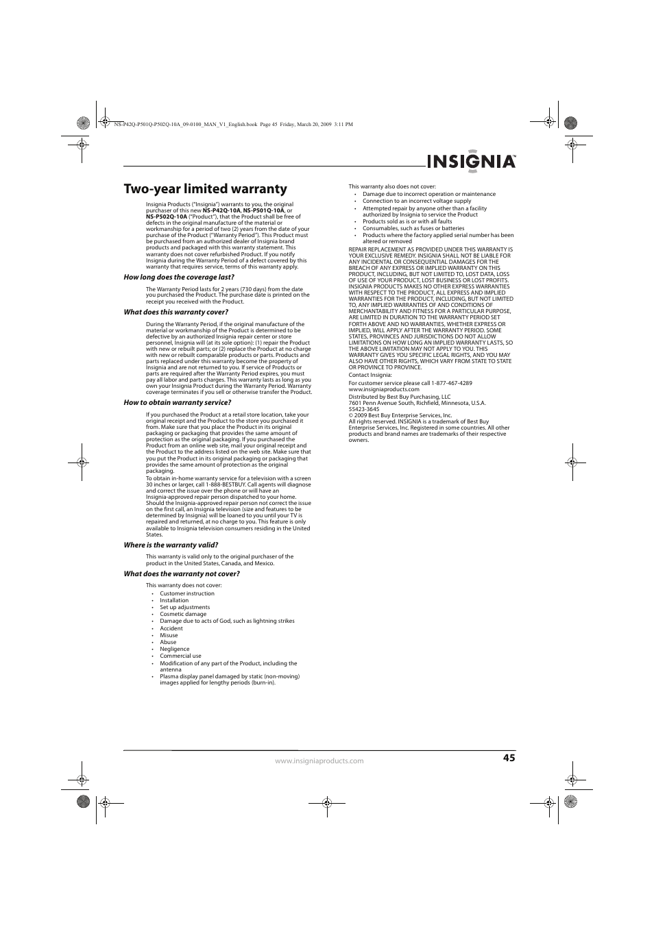 Two-year limited warranty | Insignia NS-P42Q10A User Manual | Page 49 / 52
