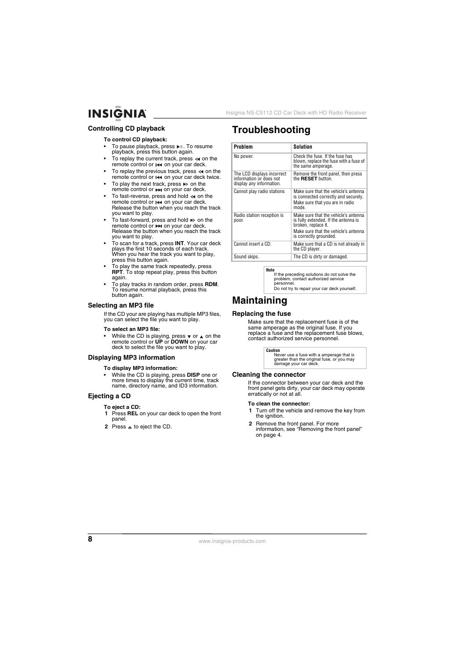 Controlling cd playback, Selecting an mp3 file, Displaying mp3 information | Ejecting a cd, Troubleshooting, Maintaining, Replacing the fuse, Cleaning the connector, Troubleshooting maintaining | Insignia INSIGNA NS-C5112 User Manual | Page 10 / 44