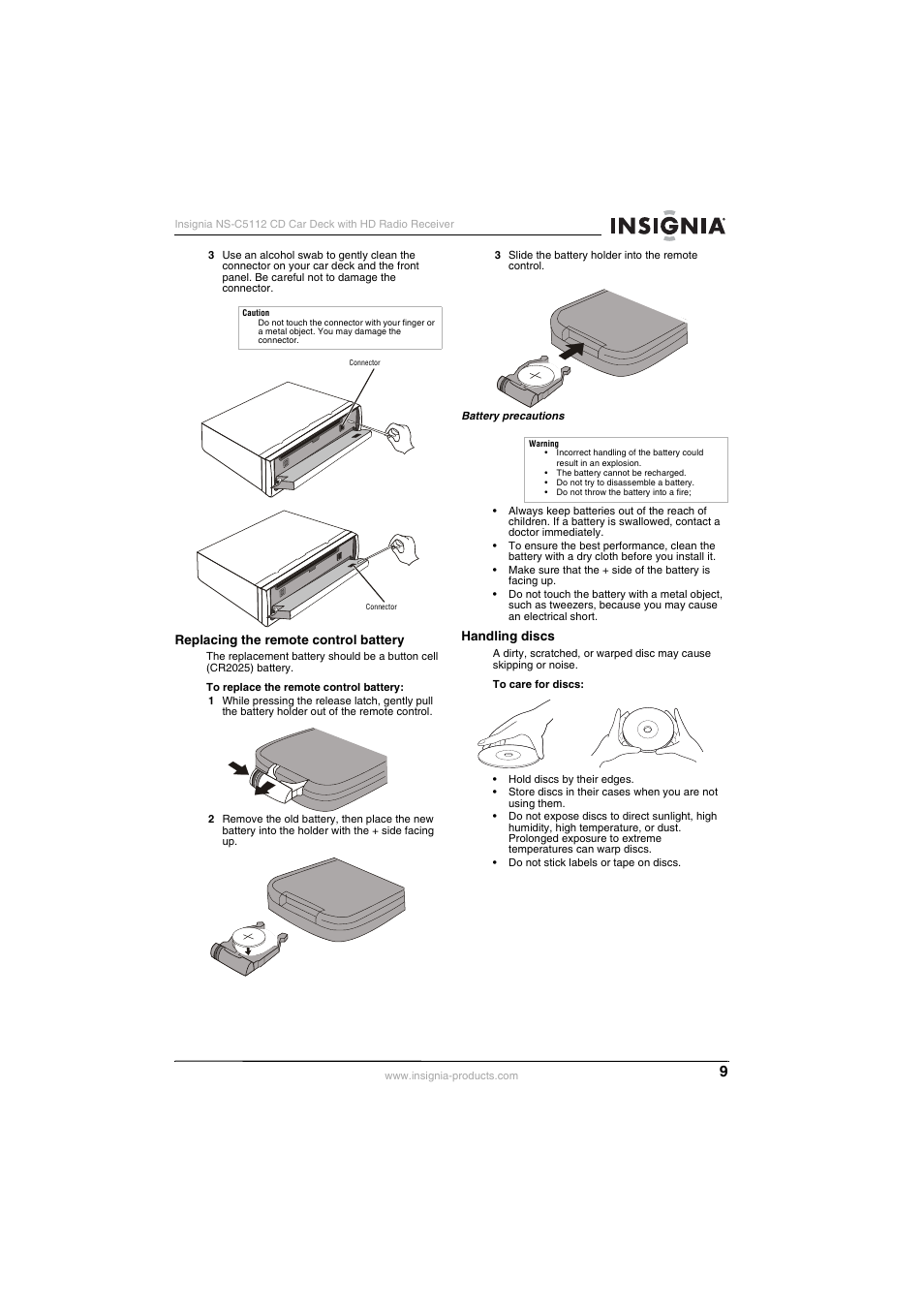 Replacing the remote control battery, Handling discs | Insignia INSIGNA NS-C5112 User Manual | Page 11 / 44