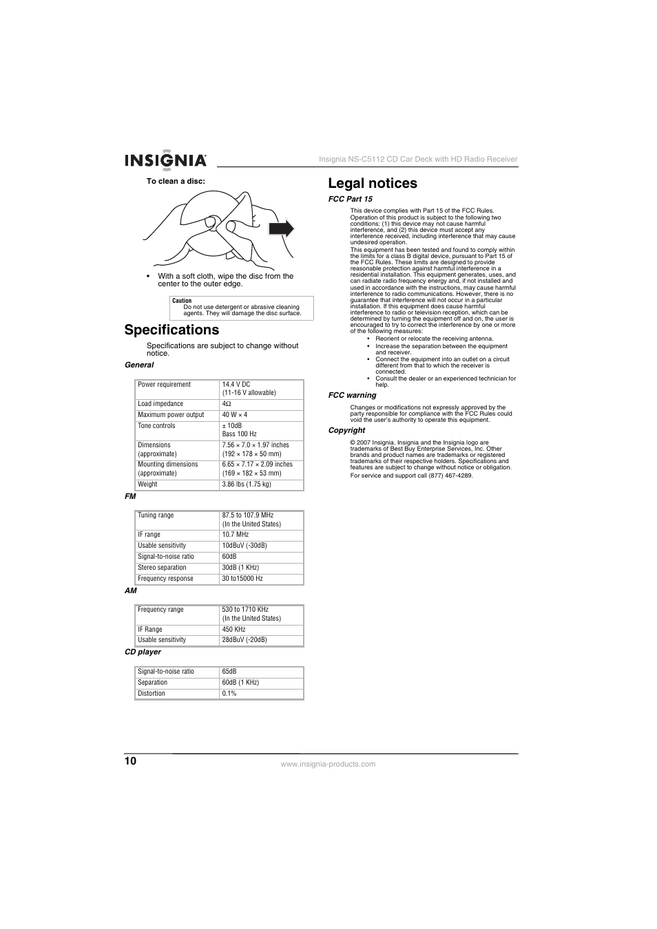 Specifications, Legal notices, Specifications legal notices | Insignia INSIGNA NS-C5112 User Manual | Page 12 / 44