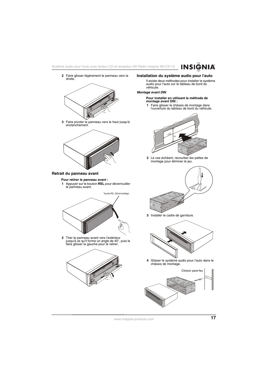 Retrait du panneau avant, Installation du système audio pour l'auto | Insignia INSIGNA NS-C5112 User Manual | Page 19 / 44